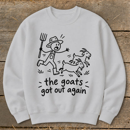 Line art of a farmer chasing goats with text "the goats got out again".