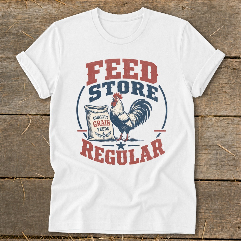 White t-shirt with "Feed Store Regular" text, a rooster, and a bag of grain feeds.