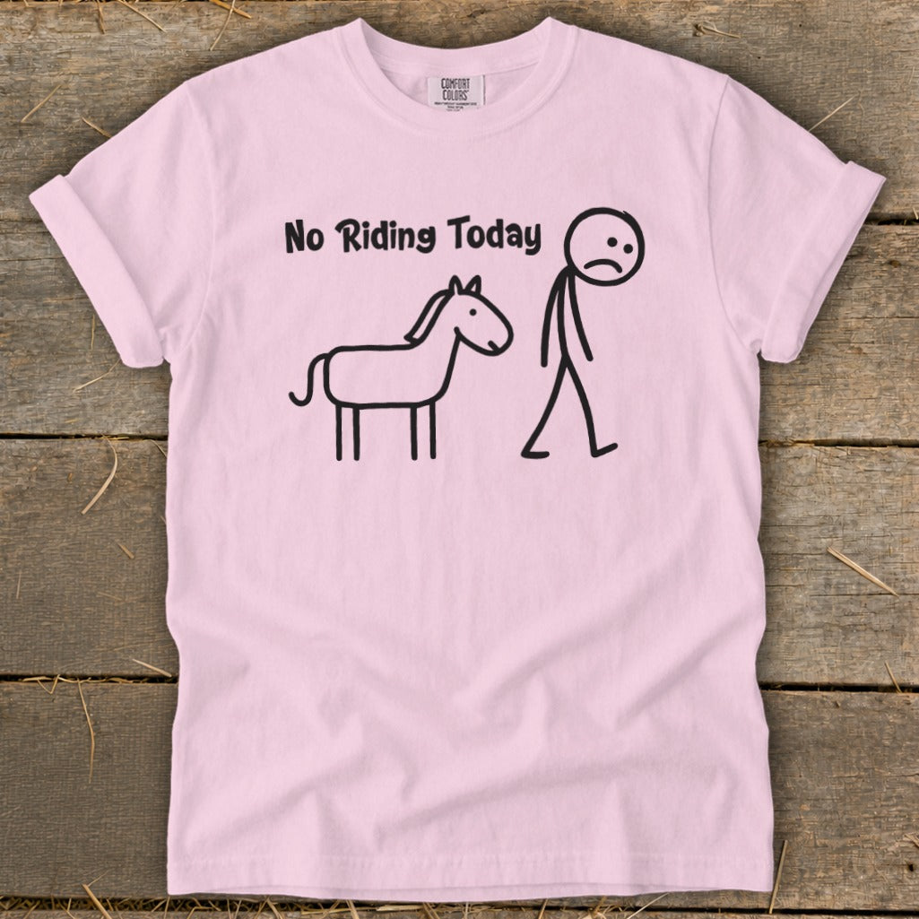 Pink t-shirt with stick figure and sad horse graphic and "No Riding Today" text.