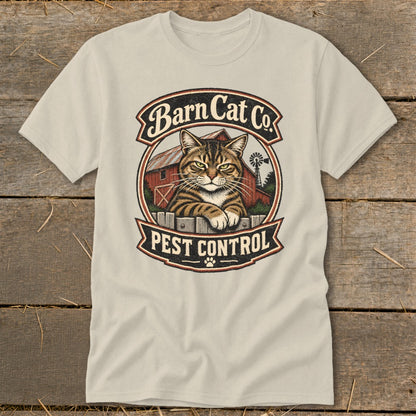 Light beige t-shirt featuring a vintage logo with a tabby cat and Barn Cat Co Pest Control text.