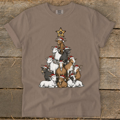 T-shirt with a Christmas tree made of goats wearing Santa hats and a star.
