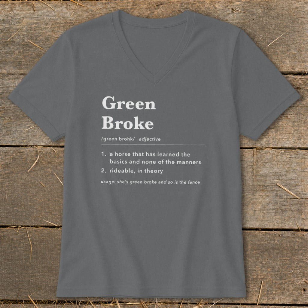 A charcoal gray V-neck t-shirt with a humorous dictionary definition of Green Broke printed on the front.