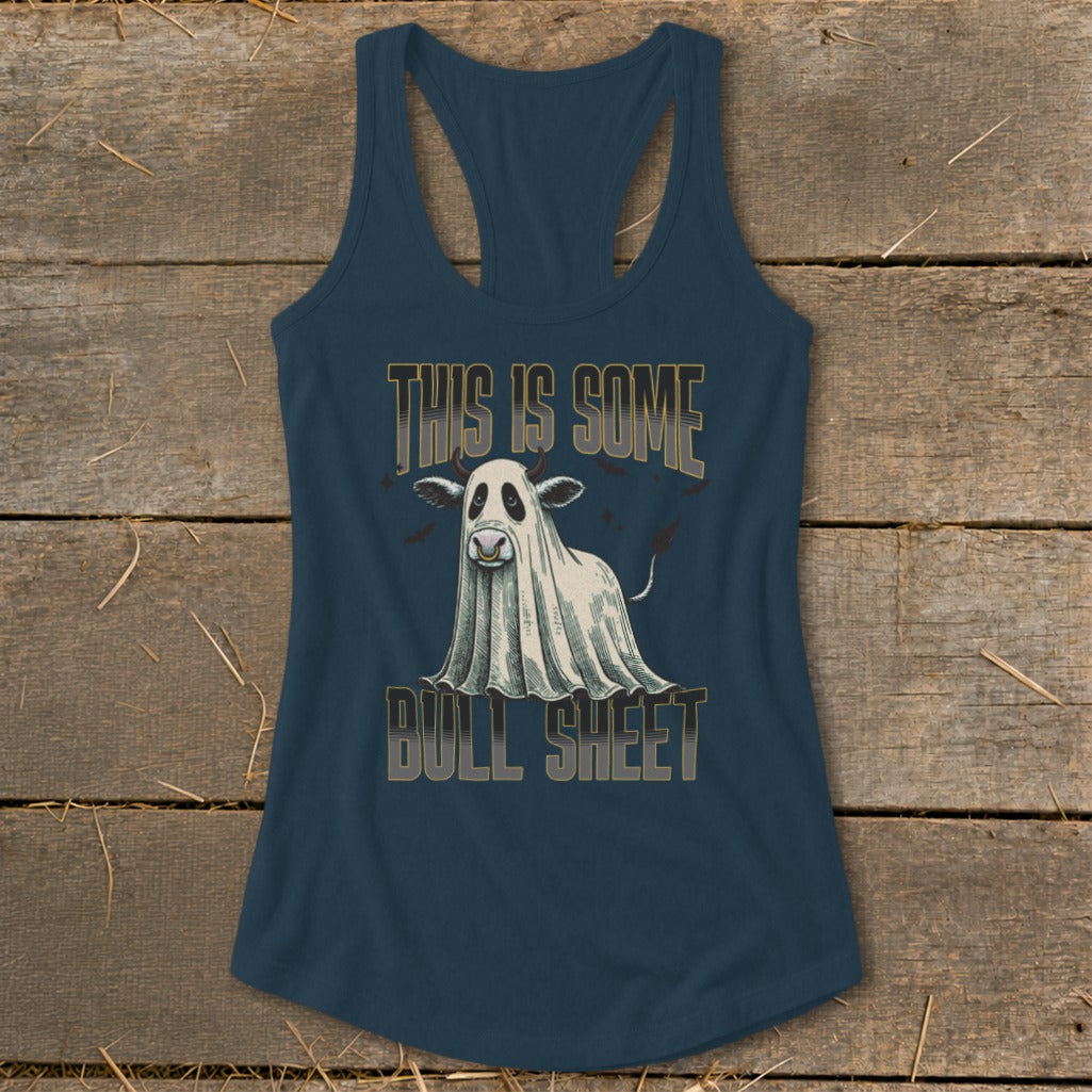 Cow ghost with text "THIS IS SOME BULL SHEET" on a navy tank top.