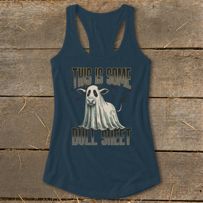Cow ghost with text "THIS IS SOME BULL SHEET" on a navy tank top.