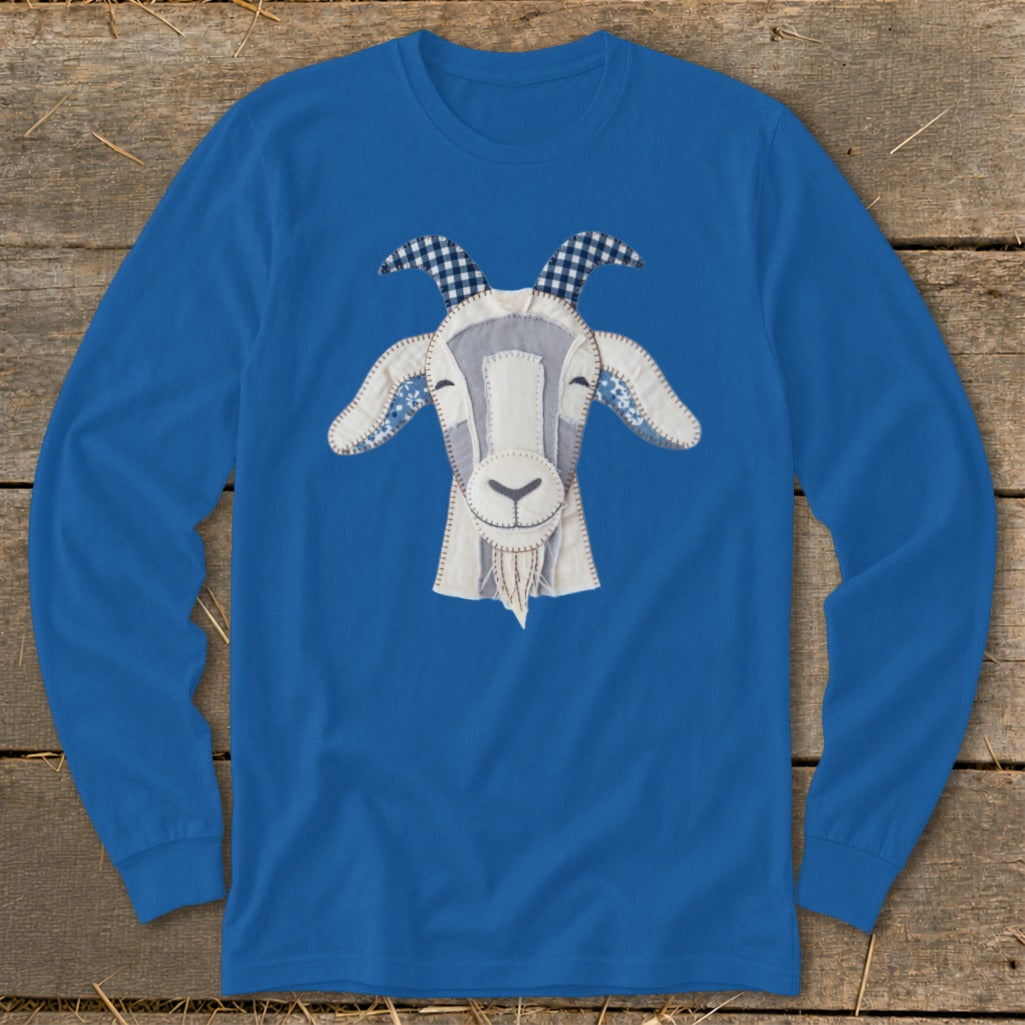 Blue long-sleeved shirt with a stitched goat face applique.