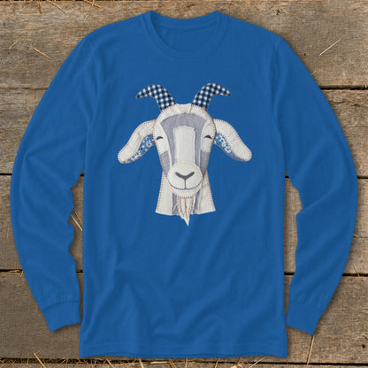 Blue long-sleeved shirt with a stitched goat face applique.