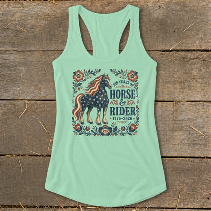 Mint green tank top with "250 years of Horse & Rider 1776-2026" text and patriotic horse.