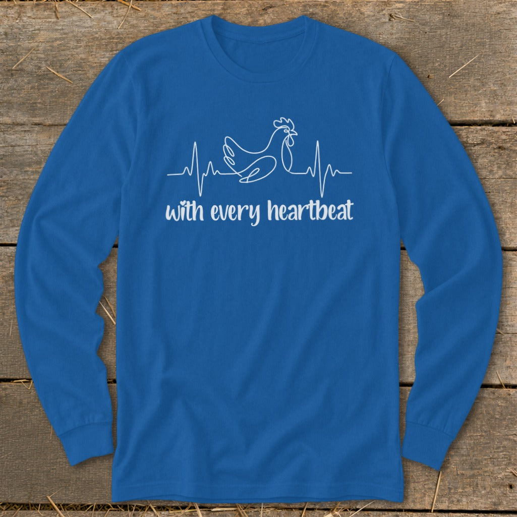 Blue long sleeve shirt with a white chicken heartbeat graphic and text.