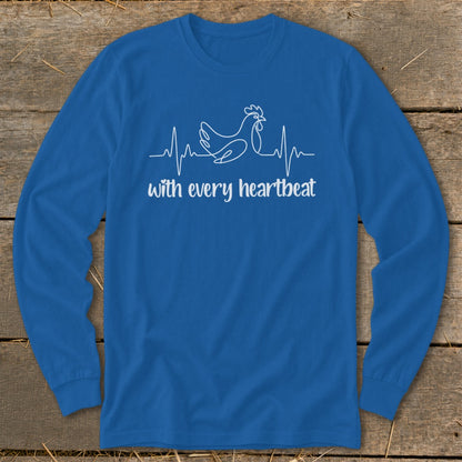 Blue long sleeve shirt with a white chicken heartbeat graphic and text.