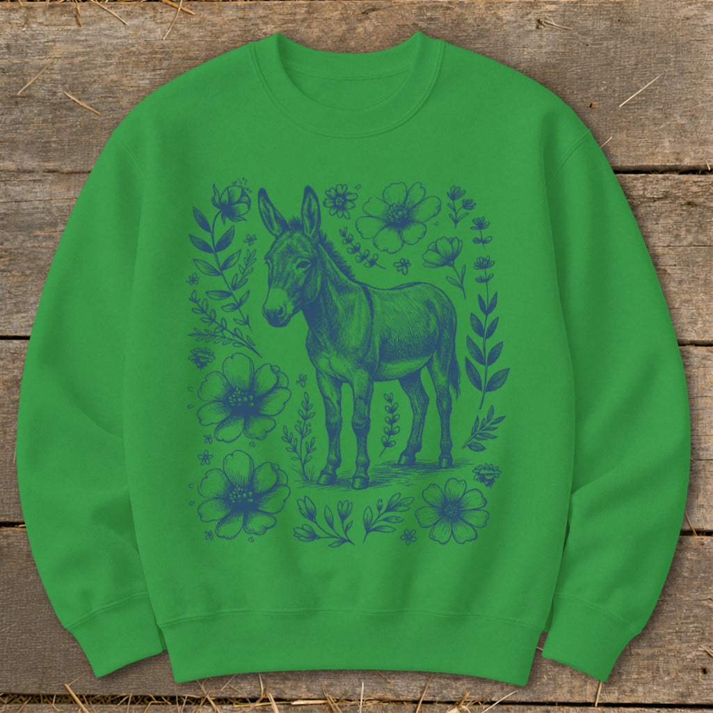 Green sweatshirt with a navy blue illustration of a donkey surrounded by flowers.