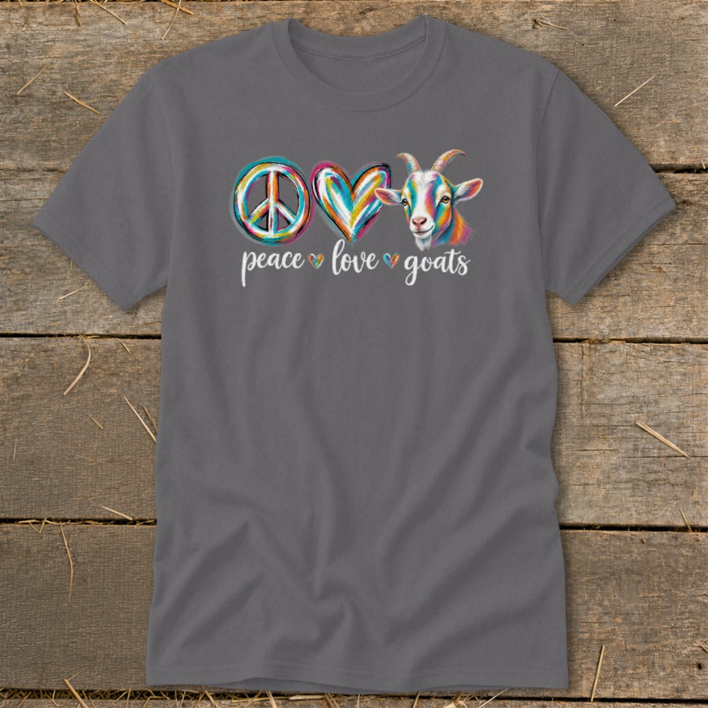 Peace, love, and goats graphic on a gray t-shirt.