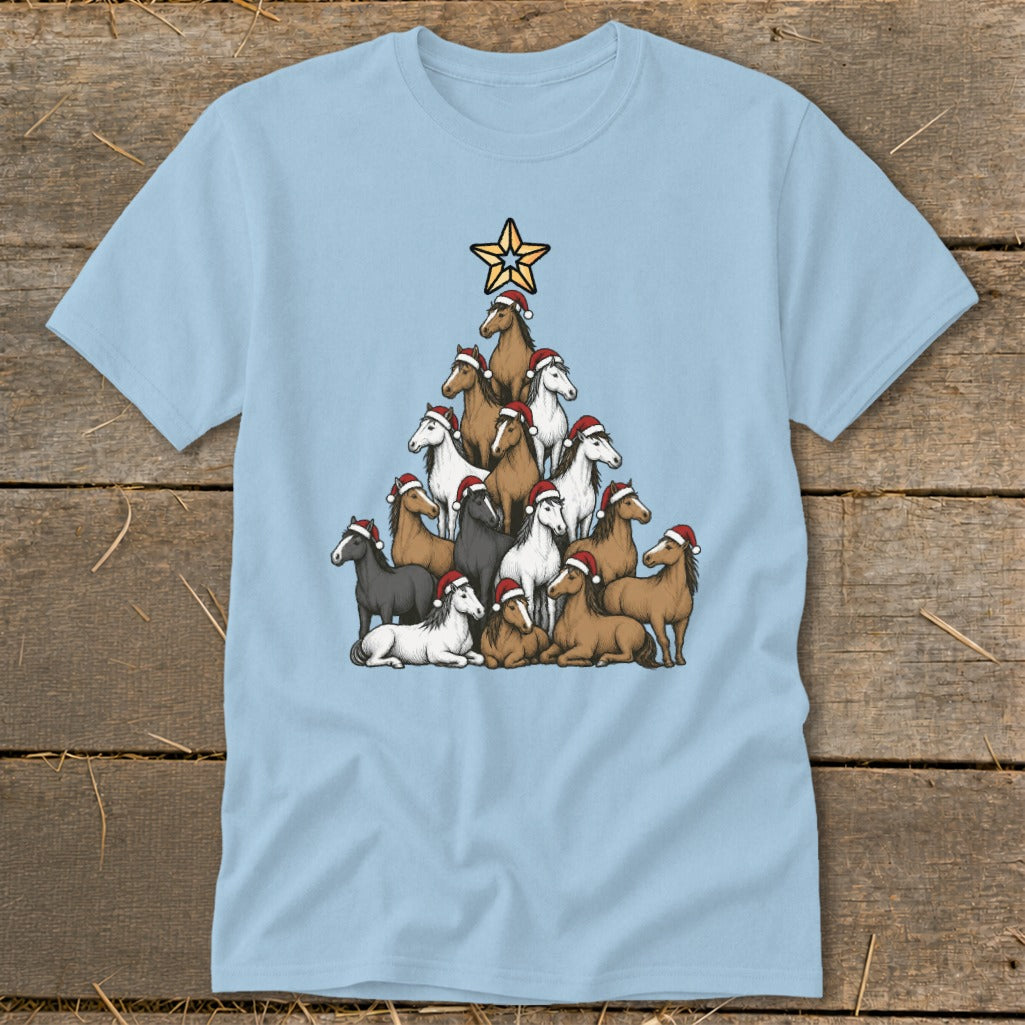 Horses wearing Santa hats form a Christmas tree shape with a star on top.