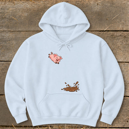 Light blue hoodie with a cartoon pig jumping into mud puddle graphic.