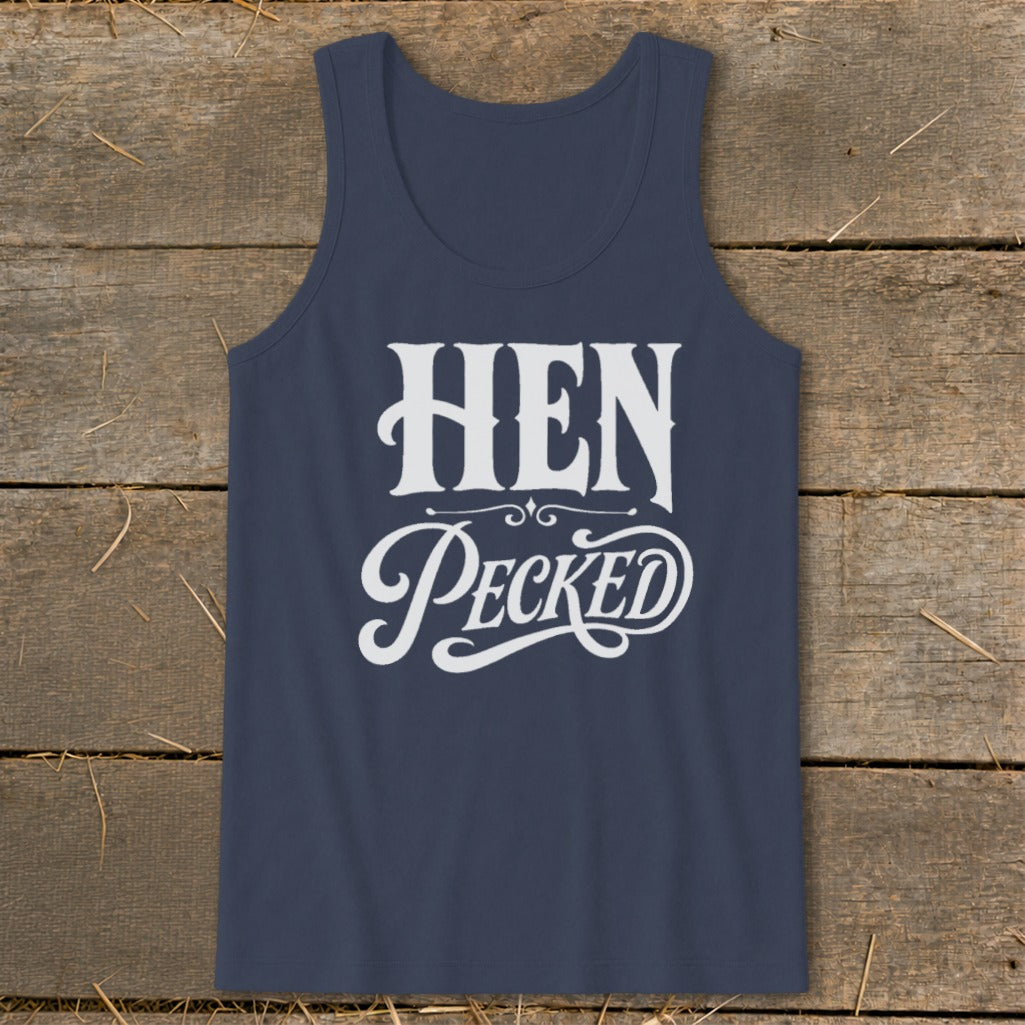 Navy tank top with white "HEN Pecked" lettering and ornate scrollwork.