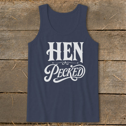 Navy tank top with white "HEN Pecked" lettering and ornate scrollwork.