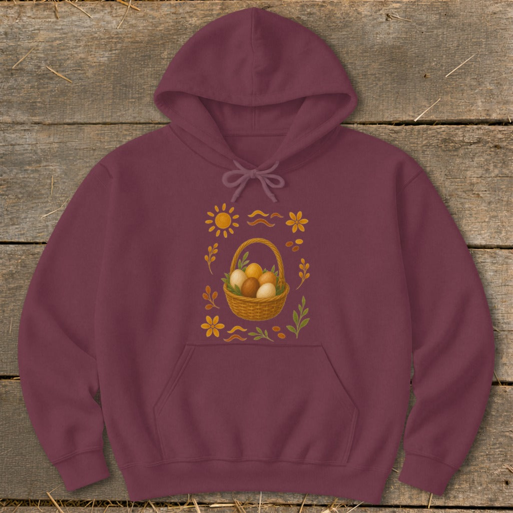 Maroon hoodie with Easter basket graphic featuring eggs, sun, and flowers.