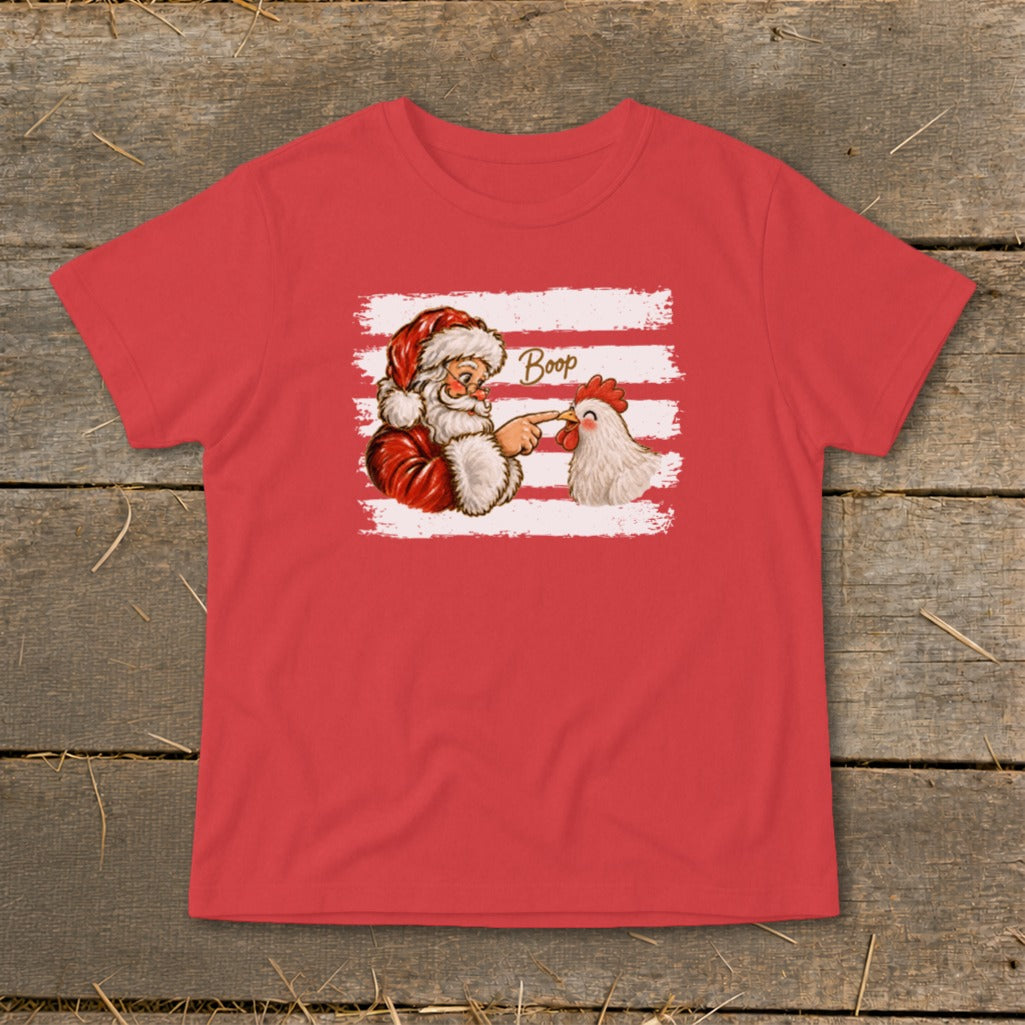 Santa booping a chicken with the word "Boop" on a red t-shirt.