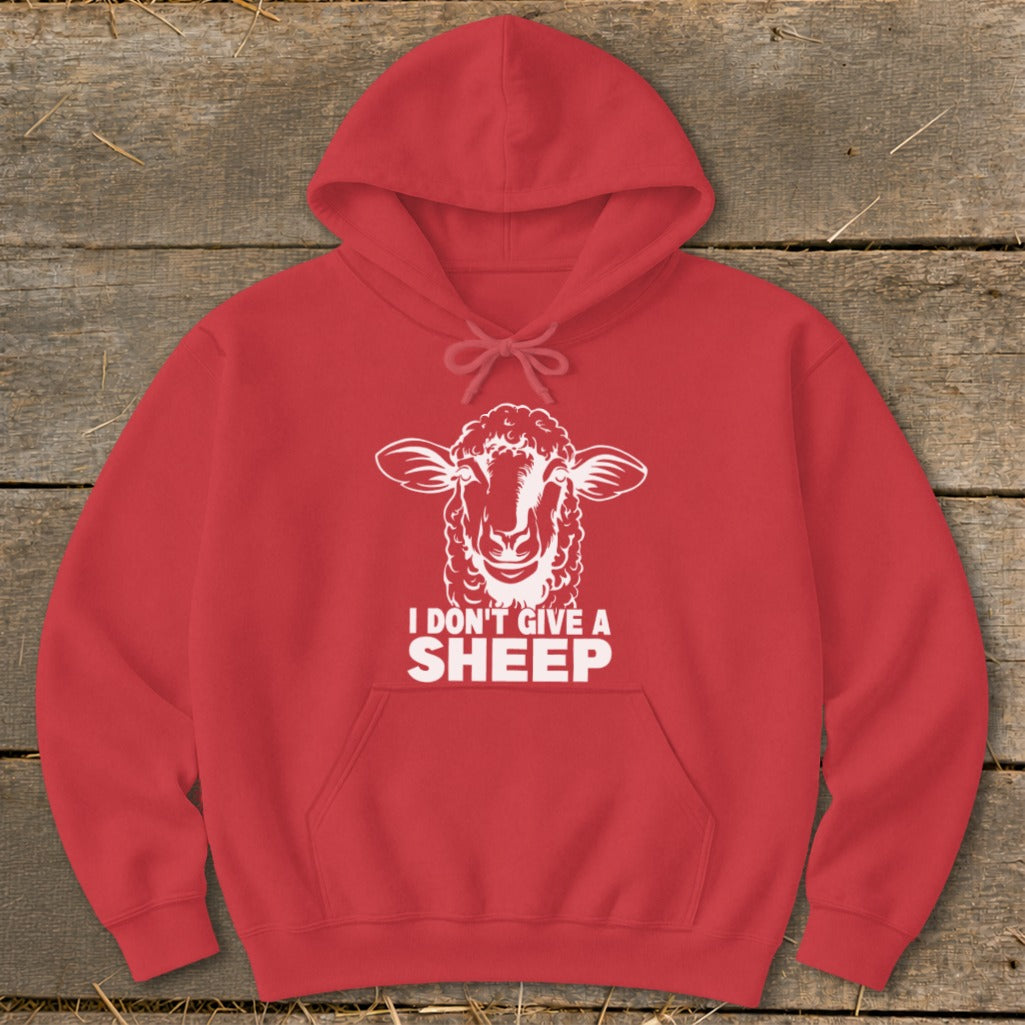 Red hoodie with a white graphic of a sheep and text "I DON'T GIVE A SHEEP".