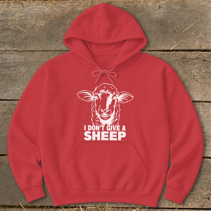 Red hoodie with a white graphic of a sheep and text "I DON'T GIVE A SHEEP".