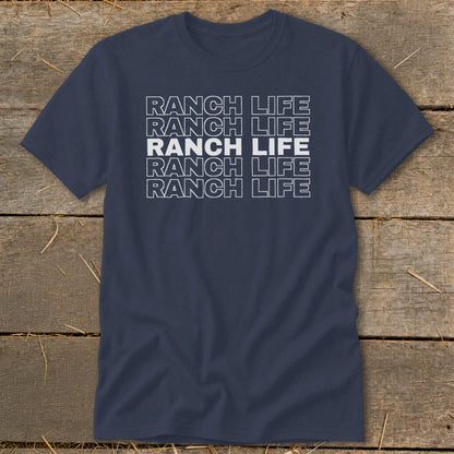 Navy blue crewneck t-shirt featuring repeated white outline text that reads RANCH LIFE centered on the chest.