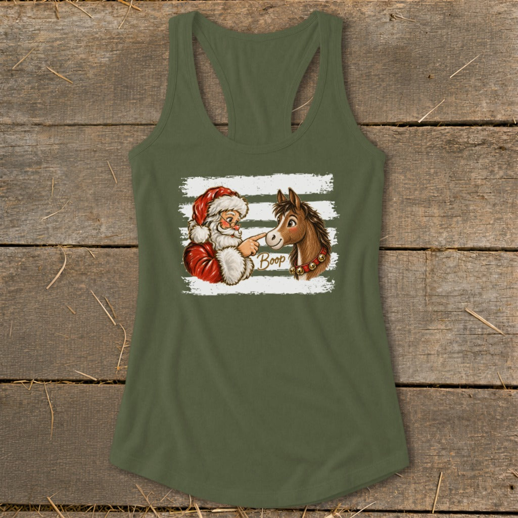 Santa booping a horse's nose with the word "Boop" written on the image.