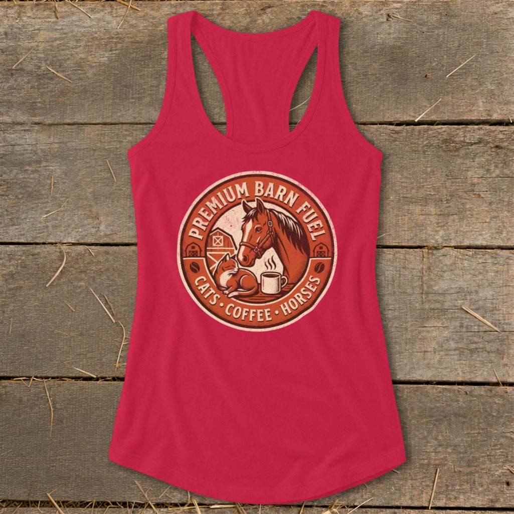 Tank top with a circular graphic of a horse, cat, coffee, barn, and text.