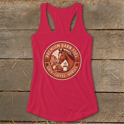 Tank top with a circular graphic of a horse, cat, coffee, barn, and text.