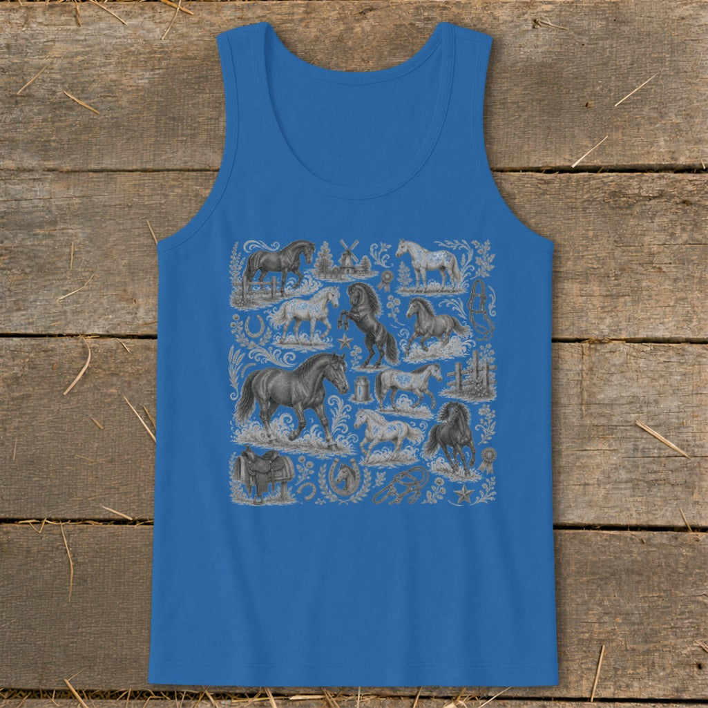 Blue tank top with a vintage-style collage of horses and equestrian elements.