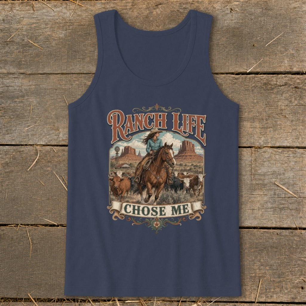 Tank top featuring a cowgirl on horseback with cattle and text "RANCH LIFE CHOSE ME".