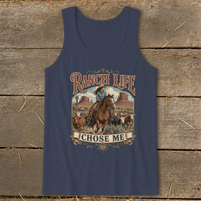 Tank top featuring a cowgirl on horseback with cattle and text "RANCH LIFE CHOSE ME".