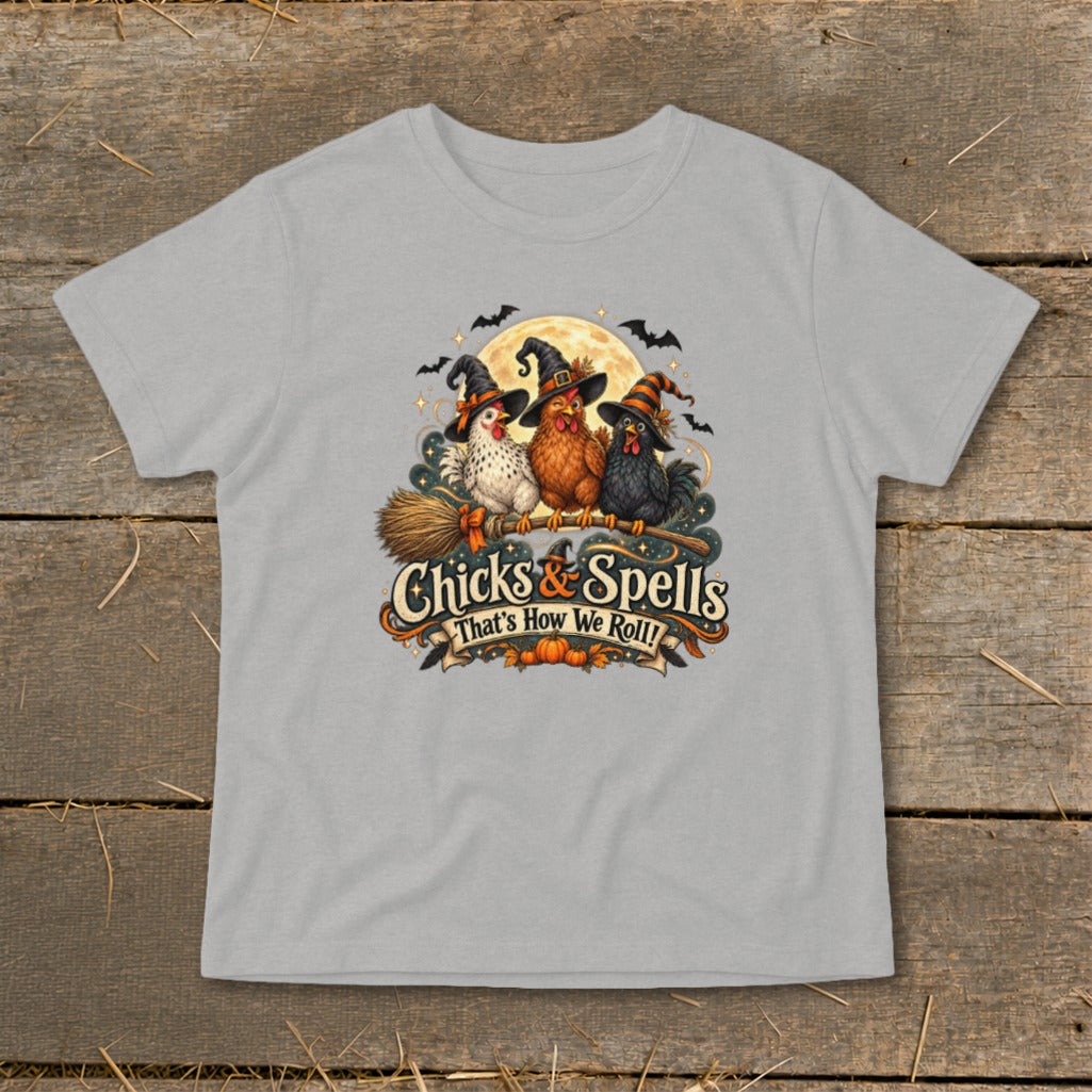 Three witch hat-wearing chickens sit on a broomstick with "Chicks & Spells" text.