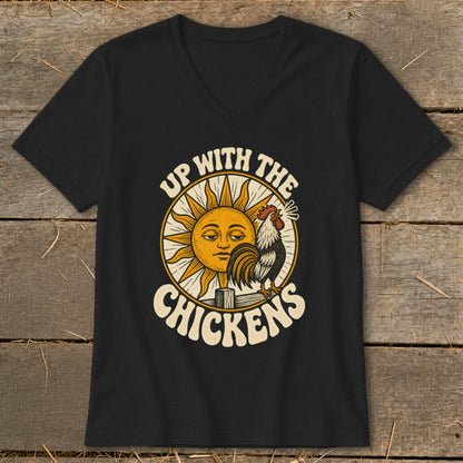 Black V-neck t-shirt featuring a retro graphic of a sun and a rooster with text saying "Up with the chickens."