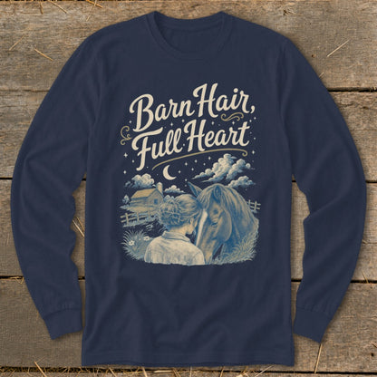 Long sleeve navy shirt with "Barn Hair, Full Heart" graphic and horse imagery.