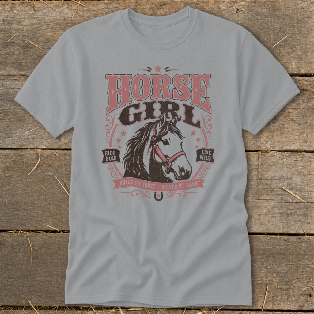 Horse Girl graphic tee with horse illustration and text "Ride Bold Live Wild".