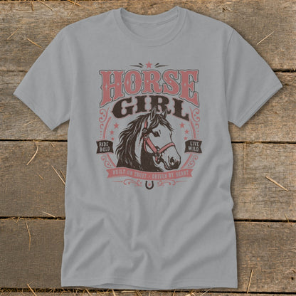 Horse Girl graphic tee with horse illustration and text "Ride Bold Live Wild".