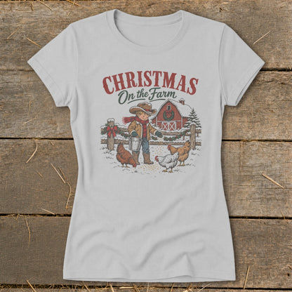 Christmas on the Farm graphic with boy feeding chickens in the snow.