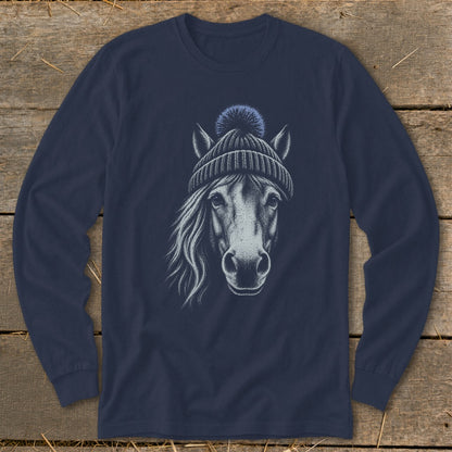 Horse head with a knit beanie and pom-pom illustration on navy long-sleeve shirt.