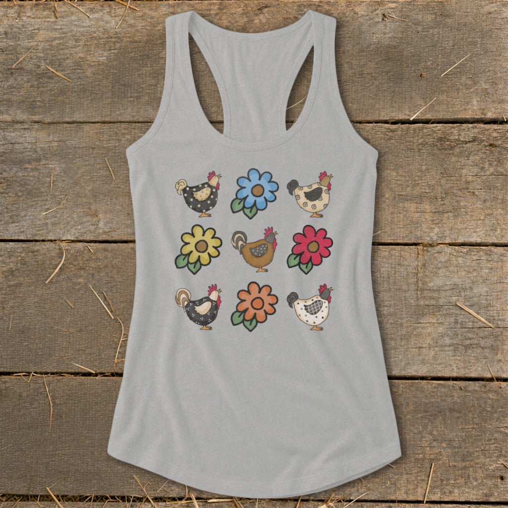 Grey tank top with a pattern of chickens and flowers.