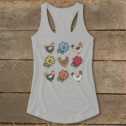 Grey tank top with a pattern of chickens and flowers.