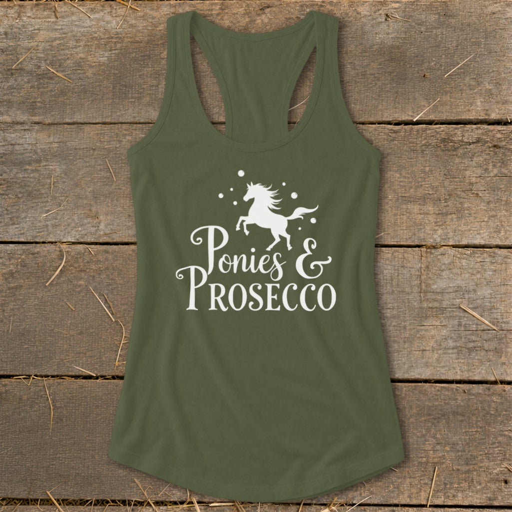 Olive green tank top with white horse graphic and "Ponies & Prosecco" text.
