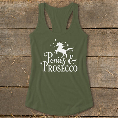 Olive green tank top with white horse graphic and "Ponies & Prosecco" text.