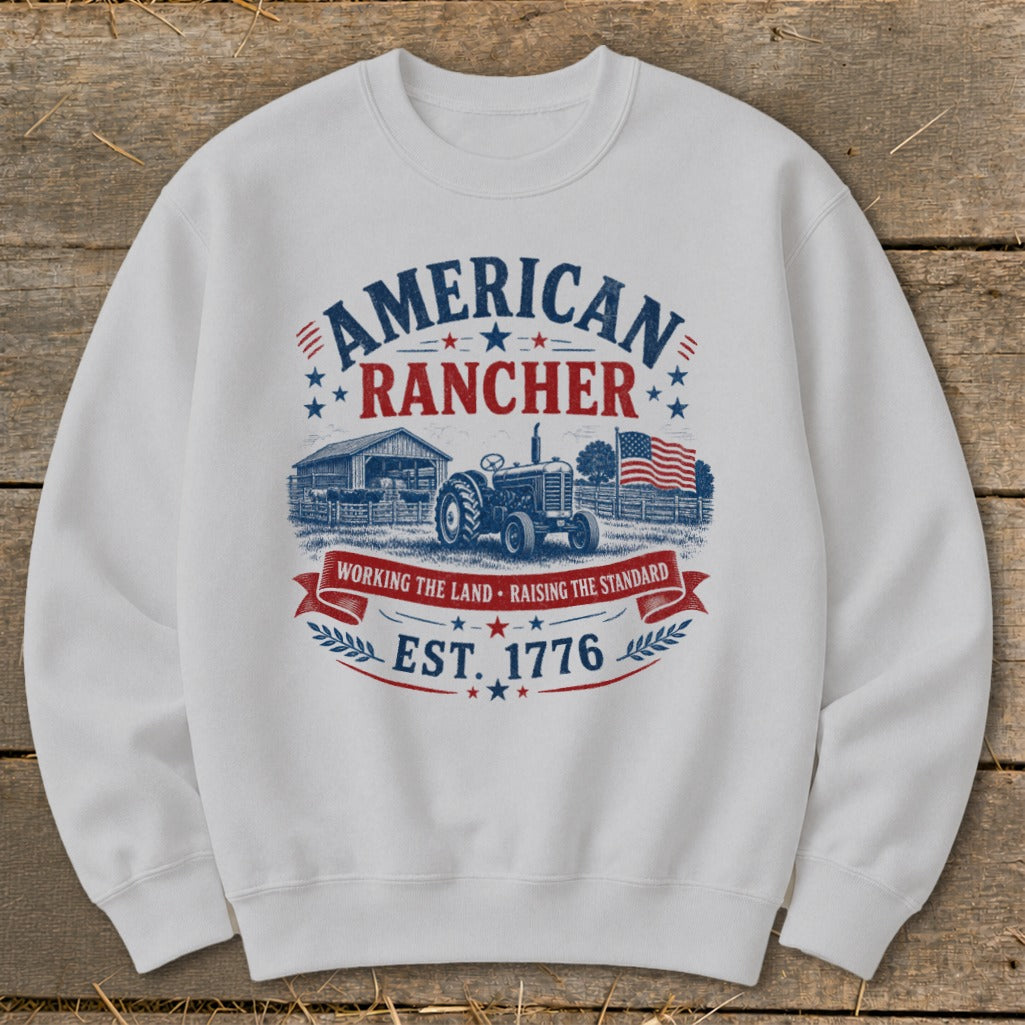 American Rancher graphic with tractor, barn, flag, and text EST. 1776