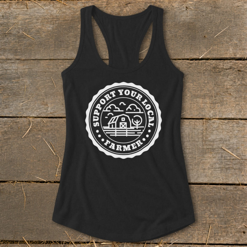 Black tank top with circular "Support Your Local Farmer" graphic featuring a barn.