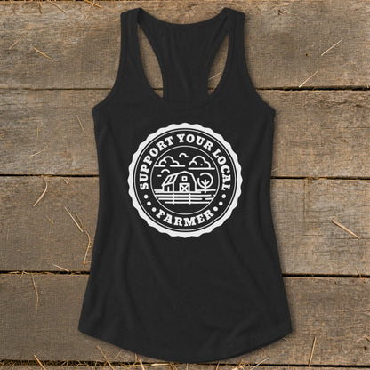 Black tank top with circular "Support Your Local Farmer" graphic featuring a barn.