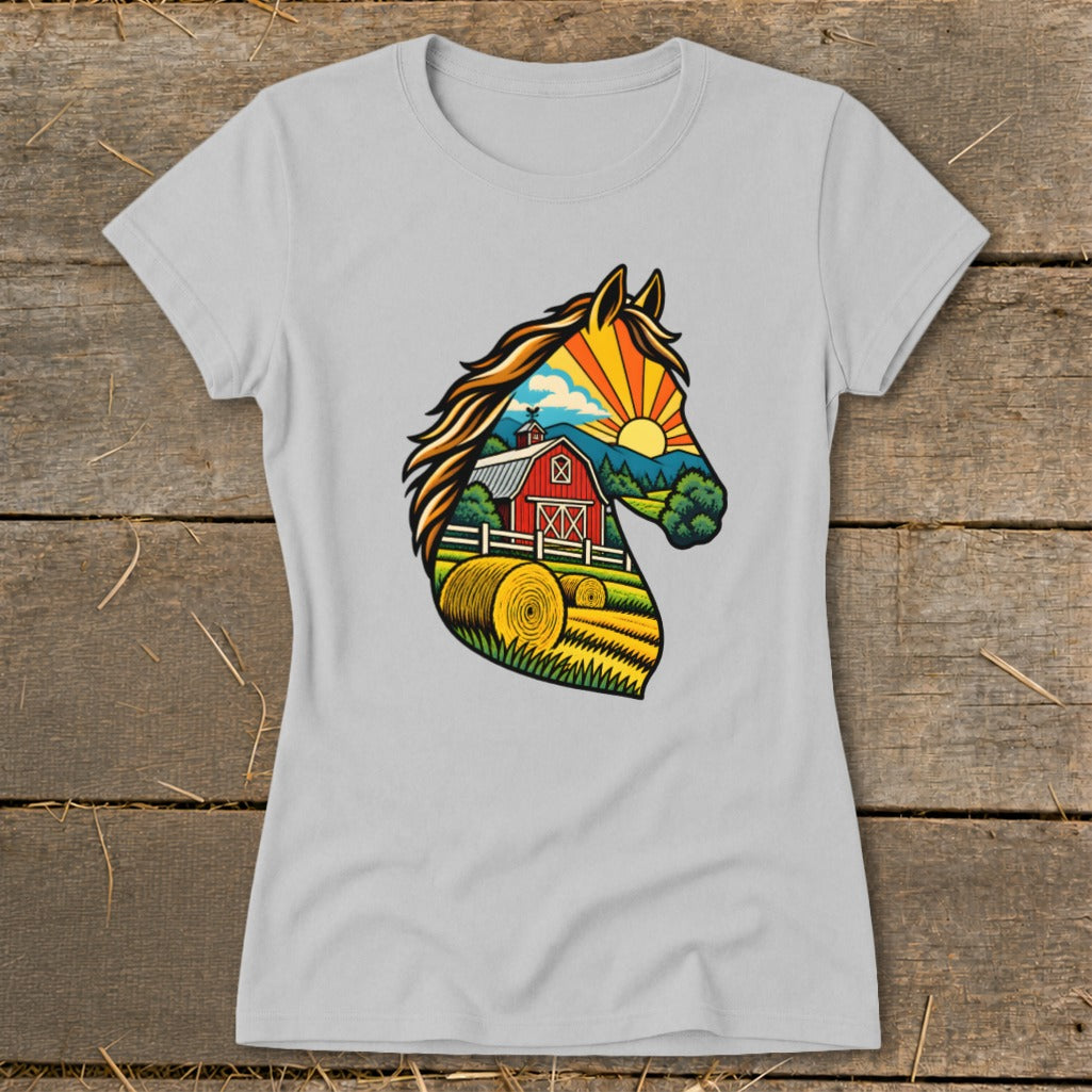Light gray short-sleeved t-shirt featuring a colorful graphic of a horse profile filled with farm scenery.