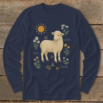 Navy long-sleeve shirt with a cream sheep surrounded by flowers and sun.