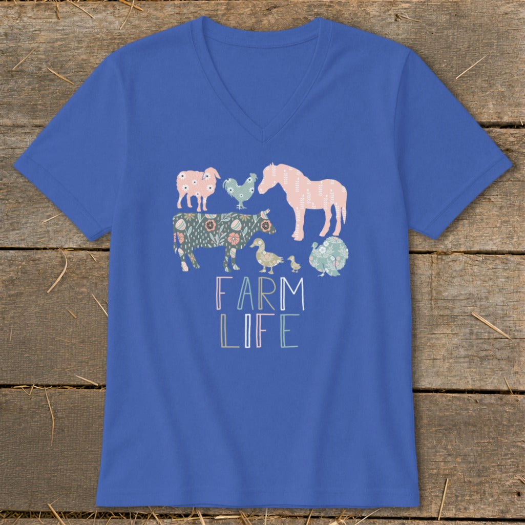 Blue t-shirt with floral farm animals and text "FARM LIFE".