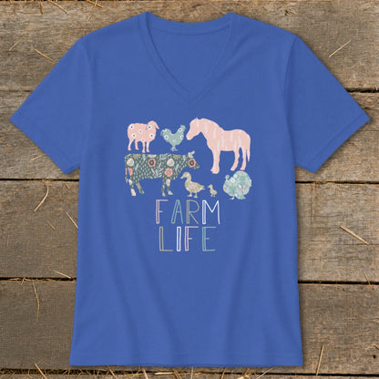 Blue t-shirt with floral farm animals and text "FARM LIFE".