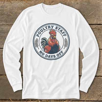 White long-sleeve shirt with a circular logo featuring a rooster and text.