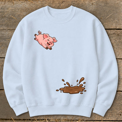 Light blue sweatshirt with cartoon pig jumping into a mud puddle.